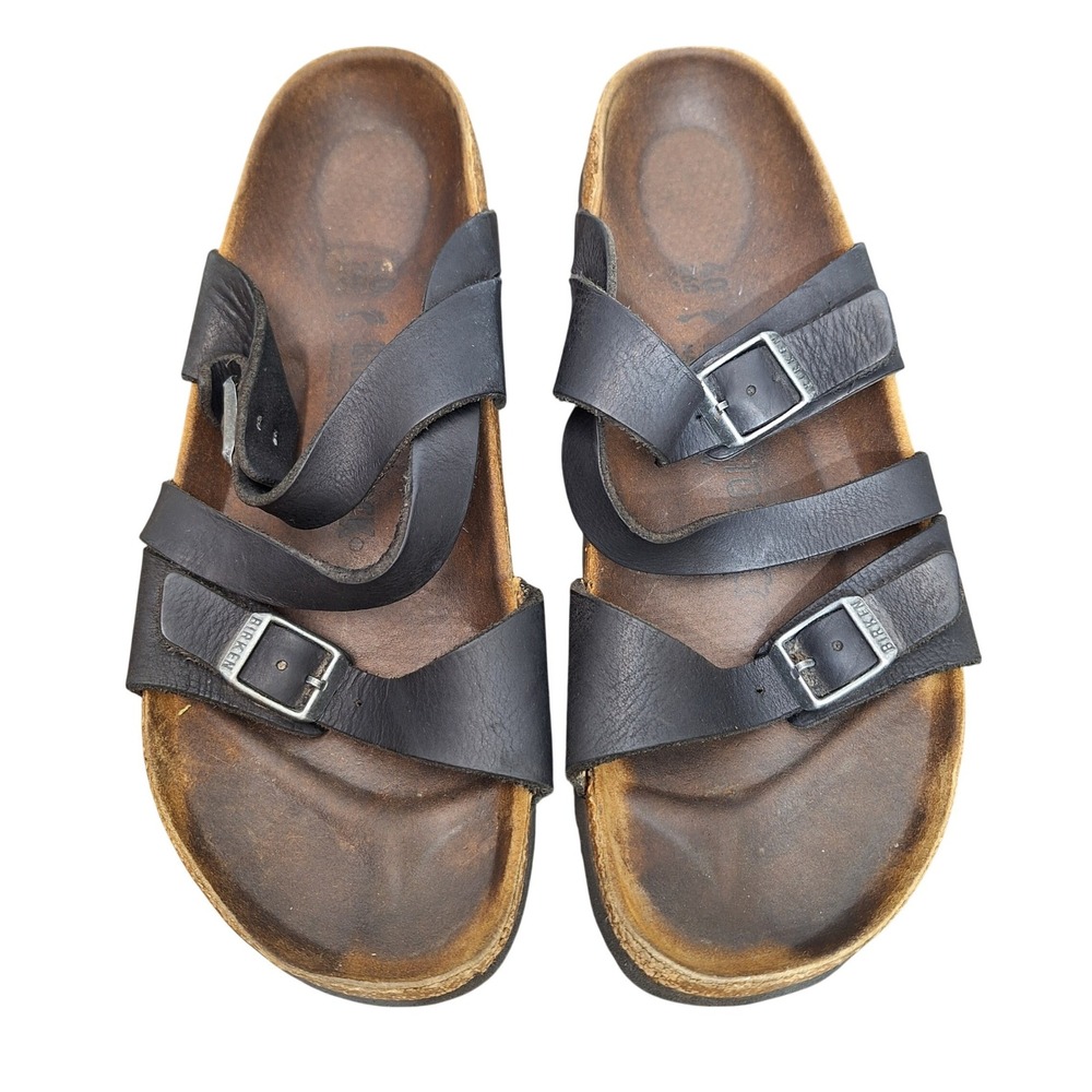 Birkenstock Brown Leather Three-Strap Sandals with Metal Buckles